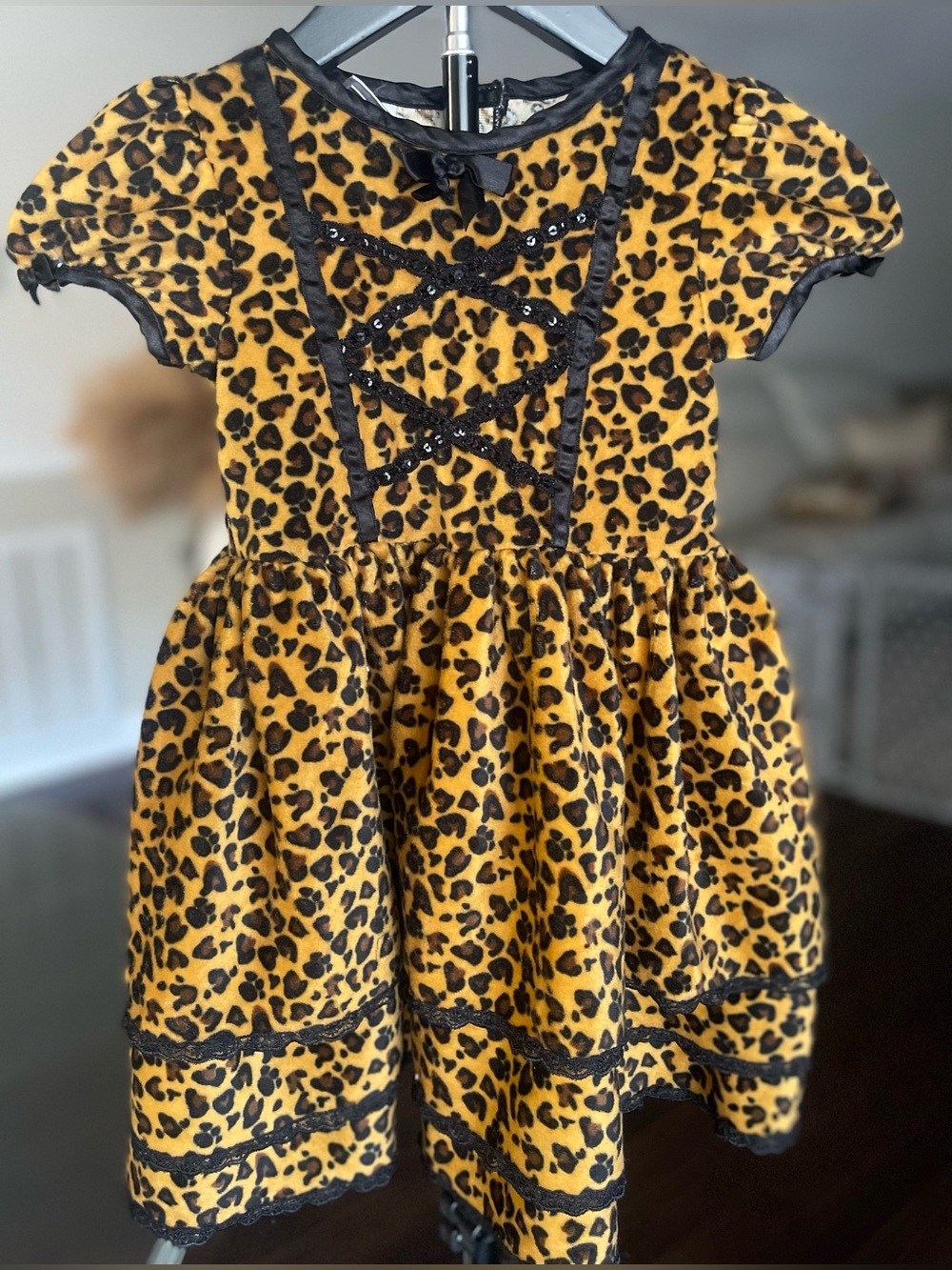 Koala Kids Yellow and Black Leopard Print Velvet Dress